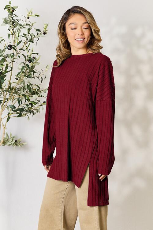 Sleek and Versatile: Full-Size Ribbed Long Sleeve Top with Elegant Neckline and Side Slit"