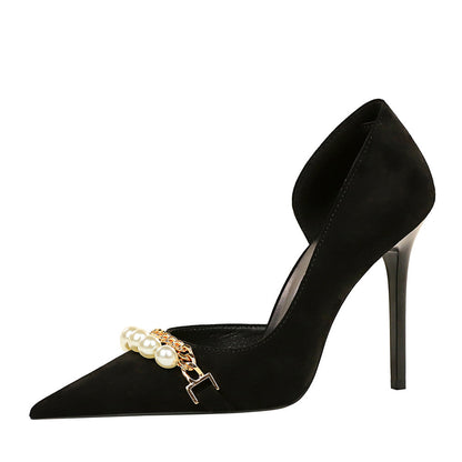 Pearl-Embellished Metallic Chain Pointed-Toe Side-Cutout Heels - Free Shipping