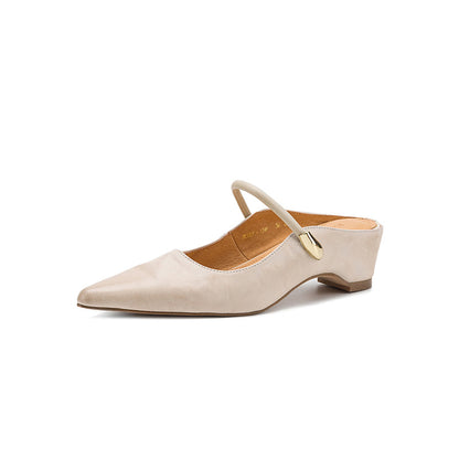 Cowhide Pointed Toe Block Mary Jane Mule Sandals - Free Shipping