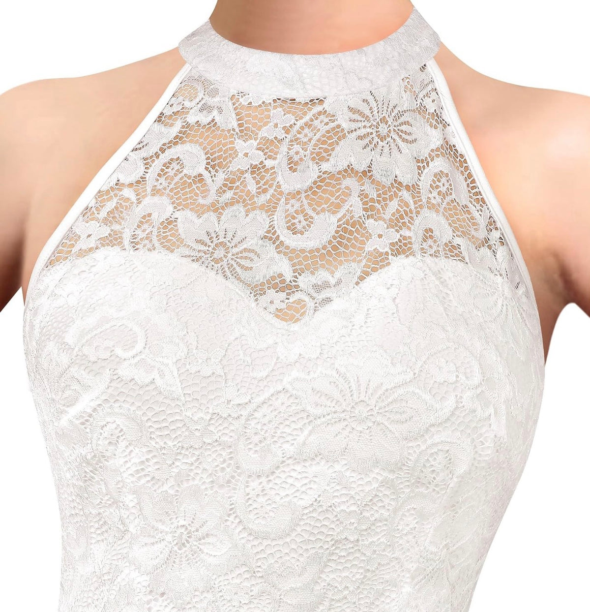 Elegant White Illusion Halter Sweetheart Slit Mermaid Maxi Dress - White Floral Lace bodice close-up