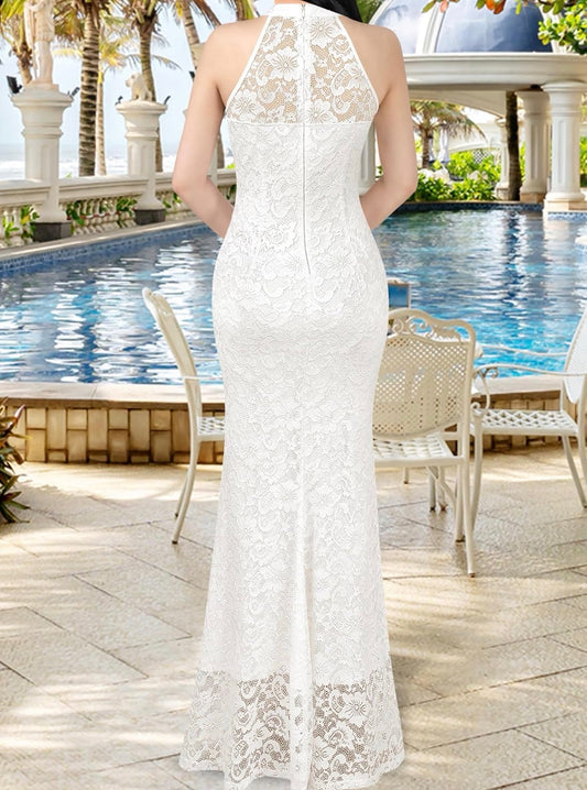 Elegant White Illusion Halter Sweetheart Slit Mermaid Maxi Dress - White Floral Lace back view