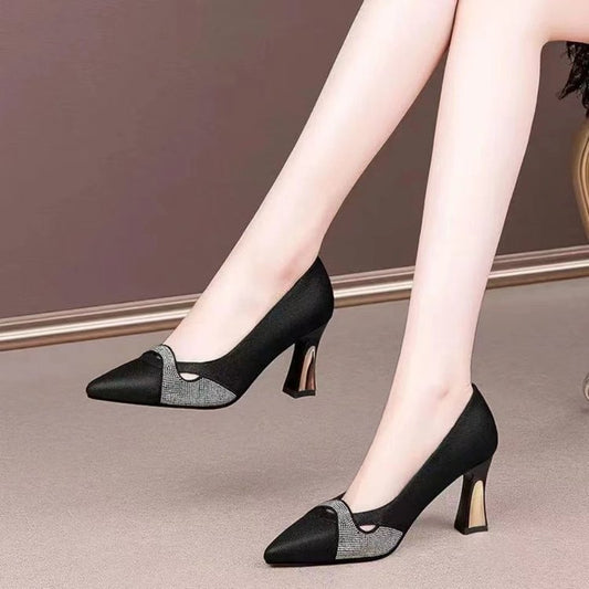Pointed-Toe Color Block Slip-On Chunky High Heels - Free Shipping
