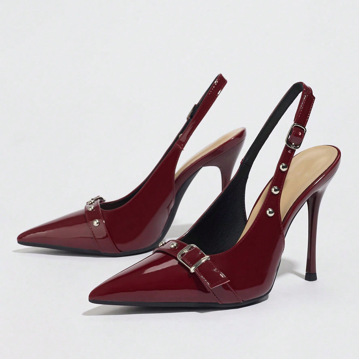 Pointed-Toe  Synthetic Leather Buckle Rivet Stiletto Heels - Free Shipping