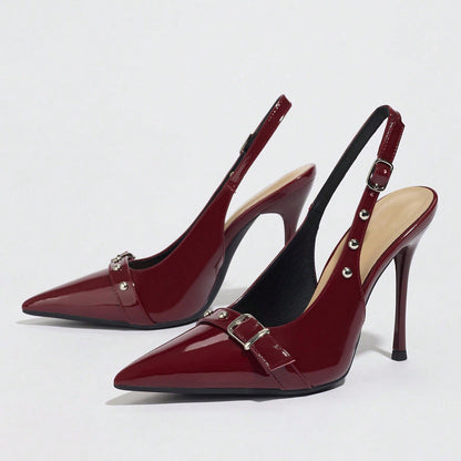 Pointed-Toe  Synthetic Leather Buckle Rivet Stiletto Heels - Free Shipping