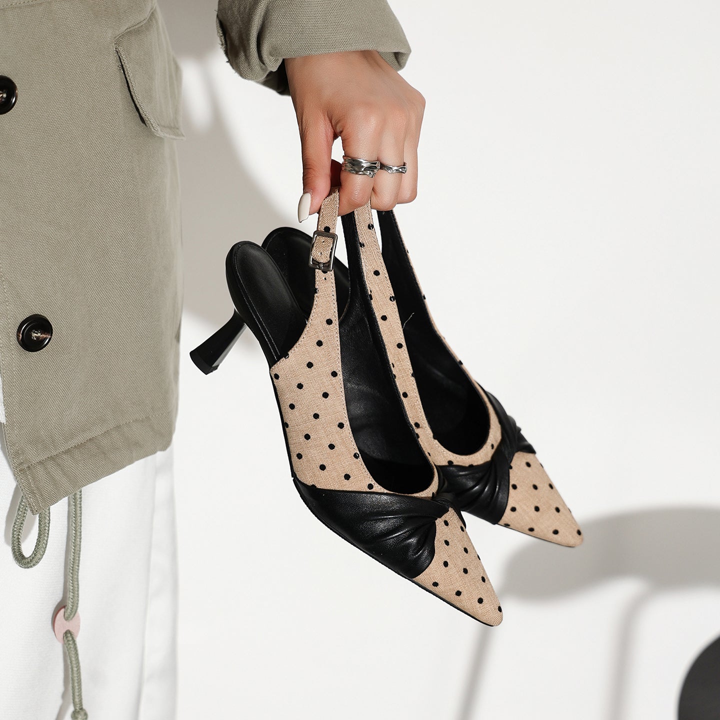 Polka Dot Pointed Toe Genuine Lambskin Slingback Heels - Free Shipping