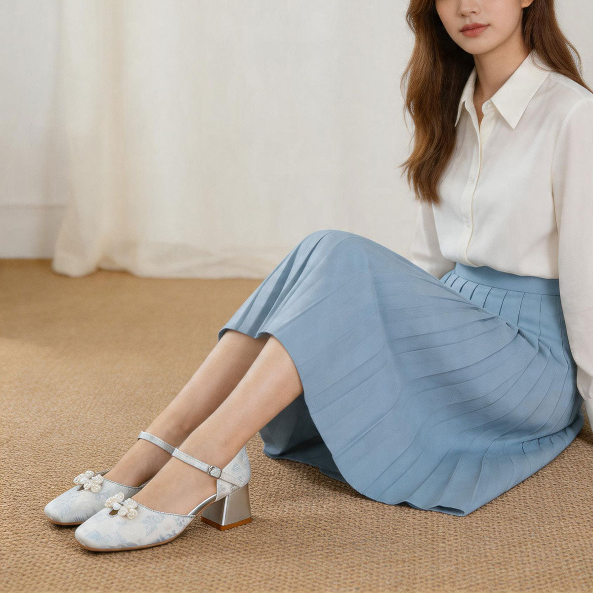 Jacquard  Pearl Bow Square-Toe Chunky Platform Heel Shoes - Free Shipping