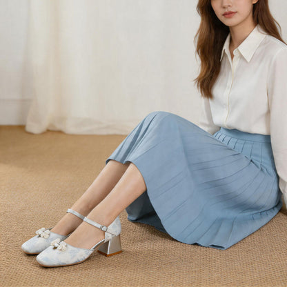 Jacquard  Pearl Bow Square-Toe Chunky Platform Heel Shoes - Free Shipping