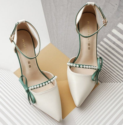 Leather Strap Heels in Off-White & Emerald Green - Free Shipping