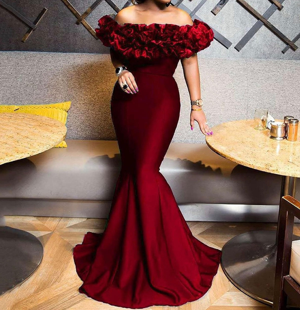 Red off-shoulder ruffle mermaid gown, front view