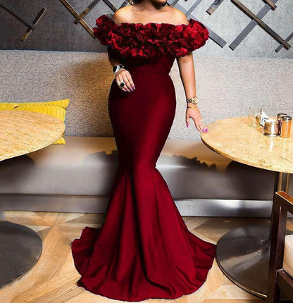 Red off-shoulder ruffle mermaid gown, front view