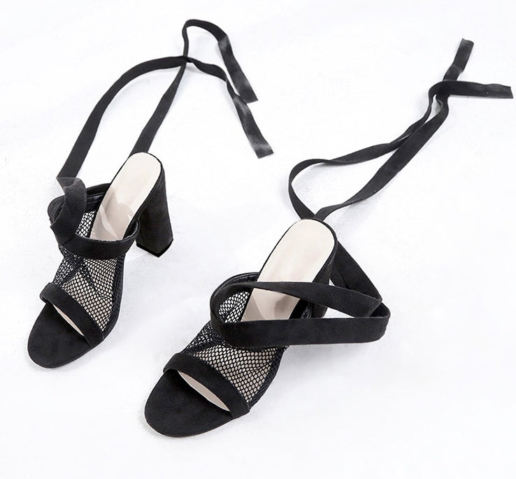 Lace-Up Bandage Open-Toe Flock High Heels - Free Shipping