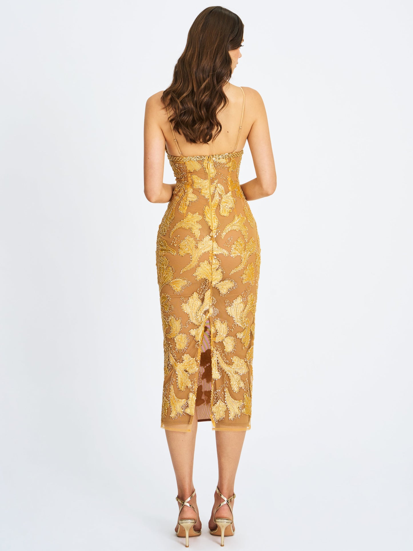 Miss Circle Sophisticated Edie Gold Beaded Sequin Midi Pencil Dress - Free Shipping
