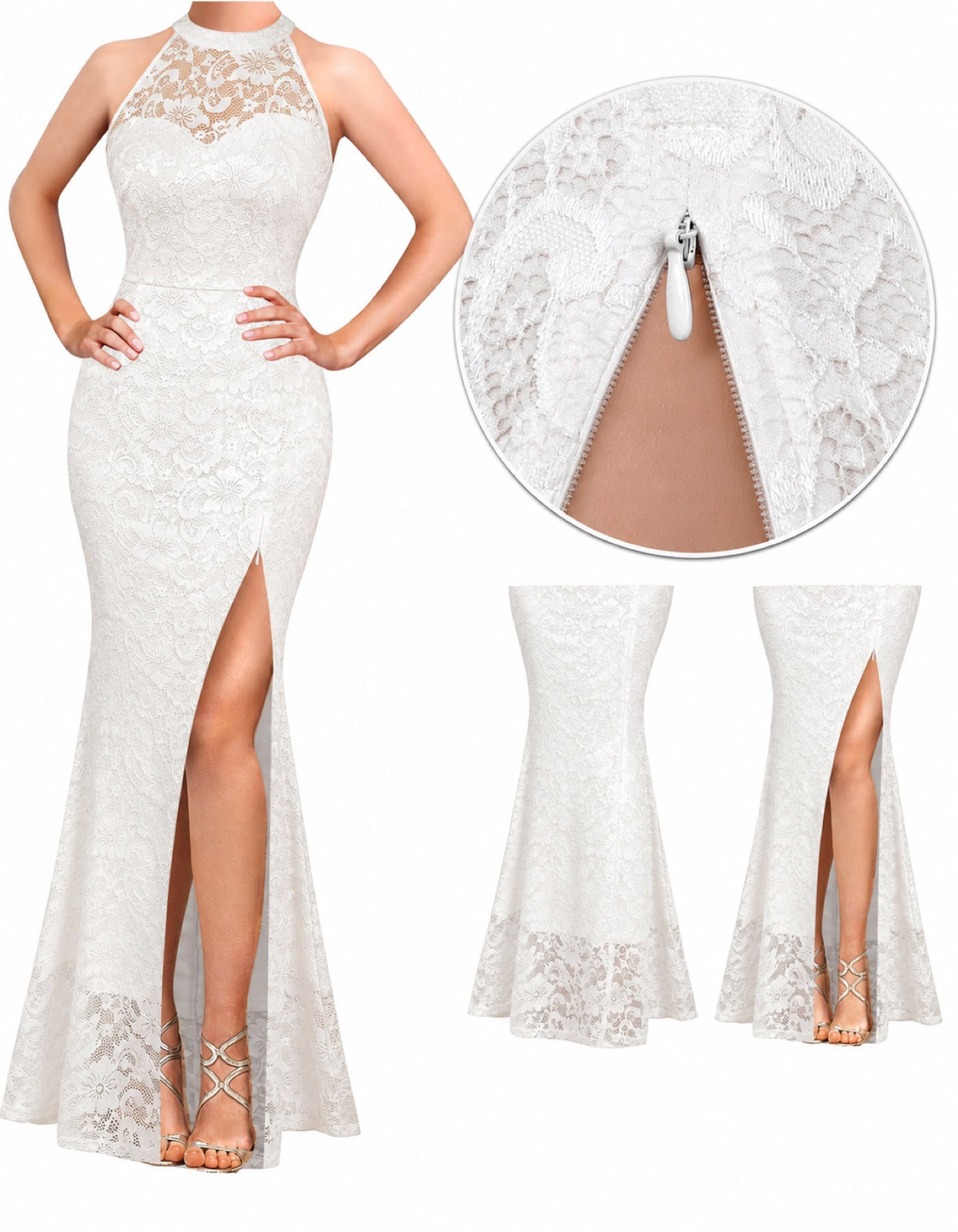 Elegant White Illusion Halter Sweetheart Slit Mermaid Maxi Dress - Formal Evening Gown - Free Shipping