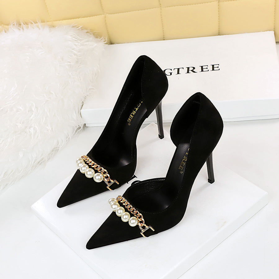 Pearl-Embellished Metallic Chain Pointed-Toe Side-Cutout Heels - Free Shipping