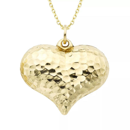 14k Gold Puffy Hammered Heart Charm Necklace 18 Inch - Free Shipping