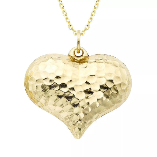 14k Gold Puffy Hammered Heart Charm Necklace 18 Inch - Free Shipping