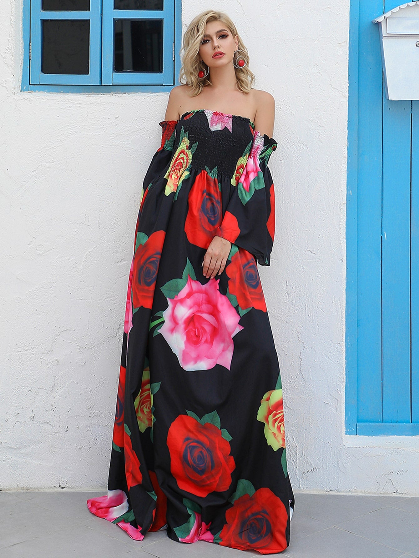 Floral Fantasy: Off-Shoulder Rose Print Maxi Dress