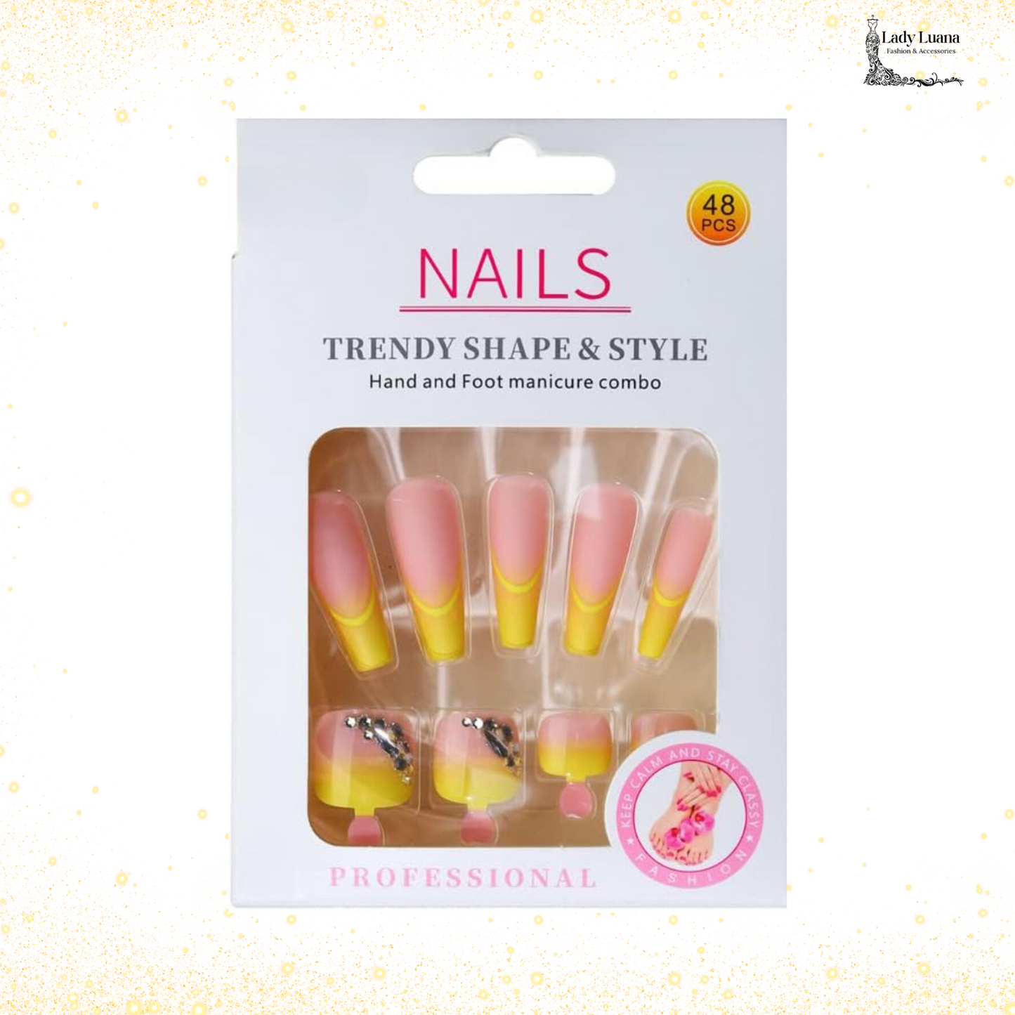 Trendy Yellow French Press-On Nail Set for Fingers and Toes, Shimmer and Glossy Finish-Free Shipping