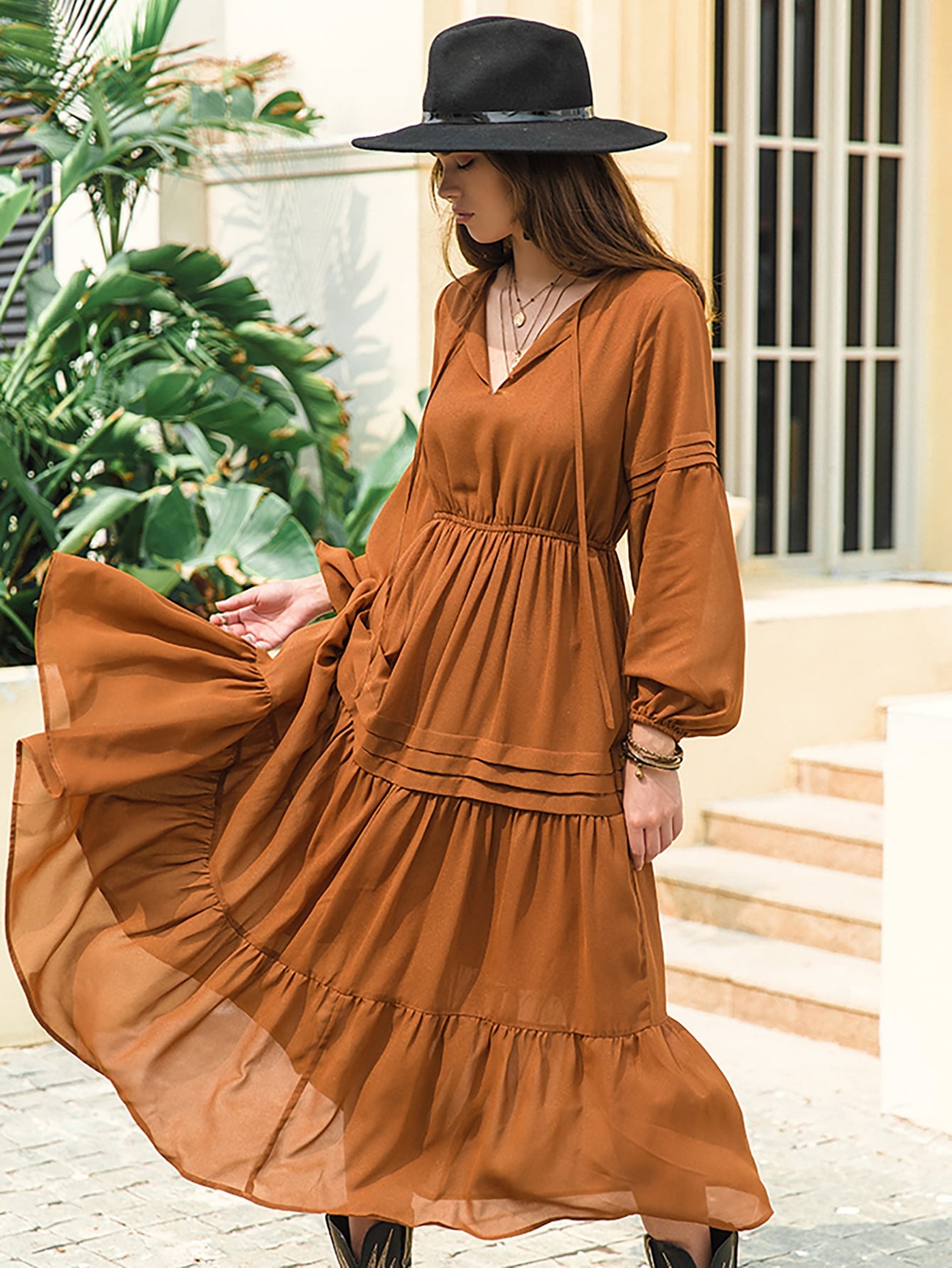 Flowy Chiffon Lantern Sleeve Dress with V-Neck and Ruffled Hemline - Feminine High-Waist Fit