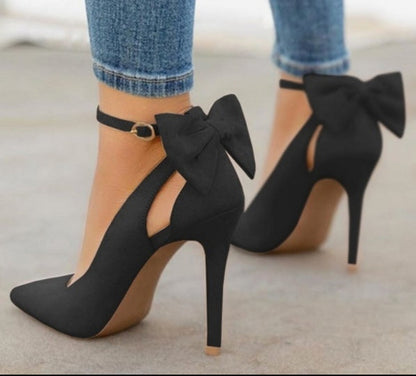 Bow Pointed-Toe Faux Leather Stiletto High Heels - Free Shipping