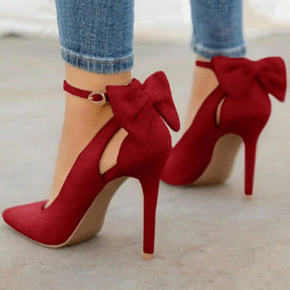 Bow Pointed-Toe Faux Leather Stiletto High Heels - Free Shipping