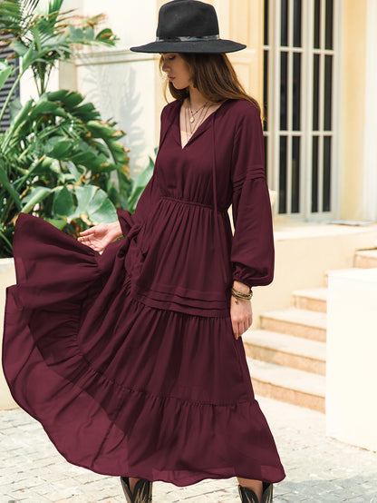 Flowy Chiffon Lantern Sleeve Dress with V-Neck and Ruffled Hemline - Feminine High-Waist Fit