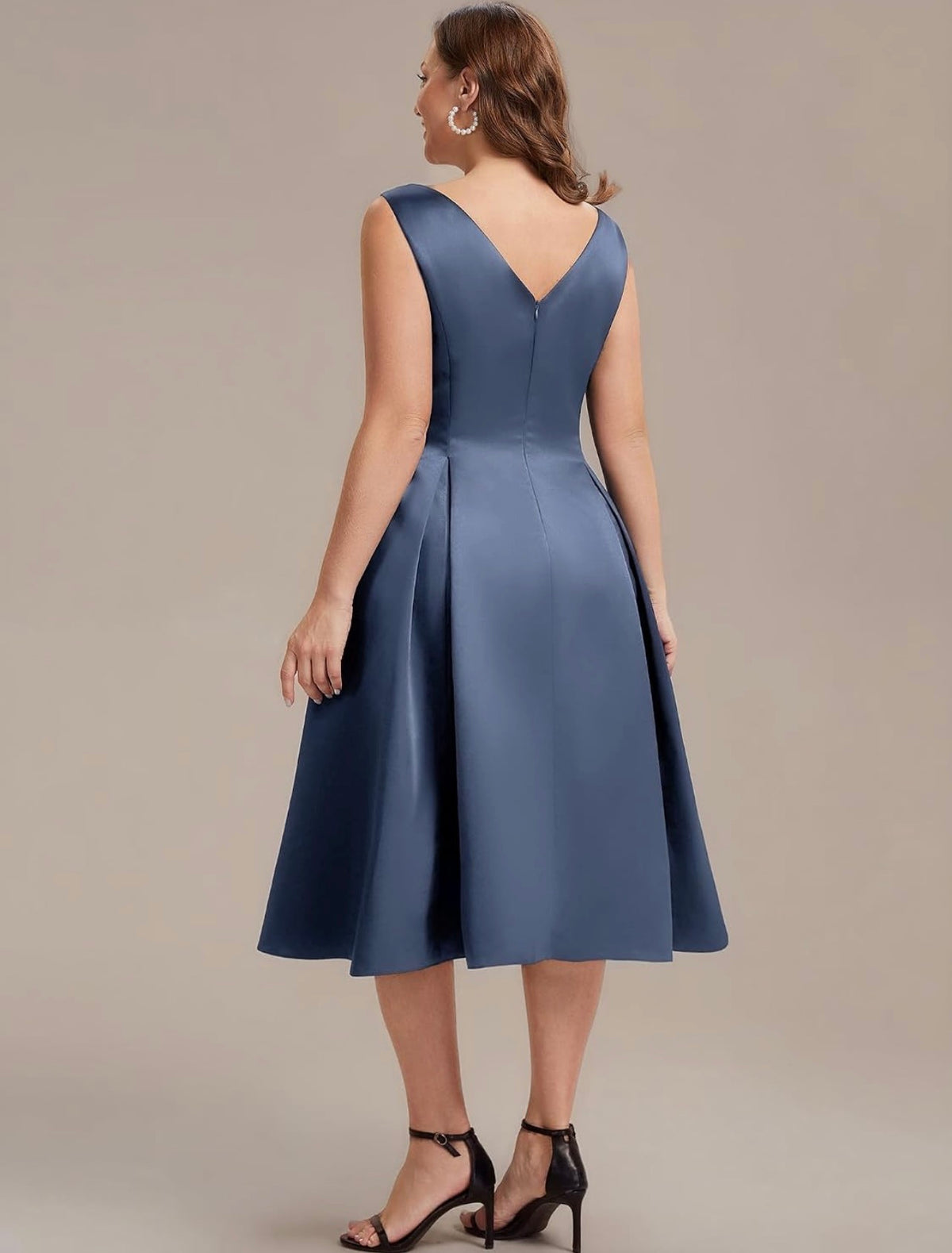 Elegant Plus Size Satin Sleeveless Fit and Flare Midi Dress, Dusty Blue back