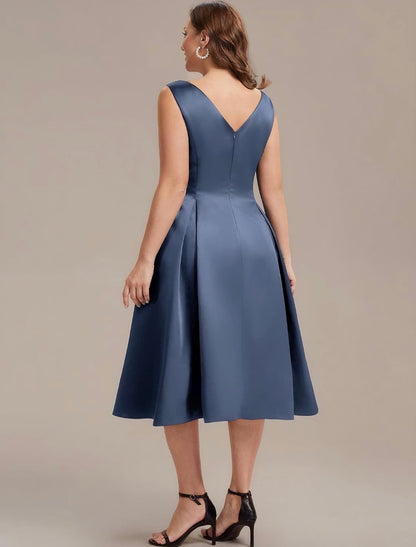 Elegant Plus Size Satin Sleeveless Fit and Flare Midi Dress, Dusty Blue back