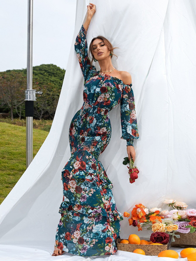 Chic Floral Off Shoulder Bishop Sleeve Ruffle Mermaid Maxi Dress