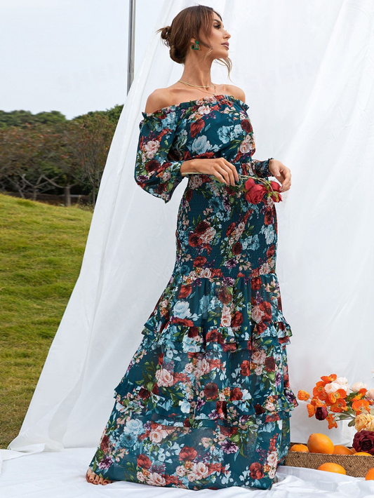 Chic Floral Off Shoulder Bishop Sleeve Ruffle Mermaid Maxi Dress-Free Shipping