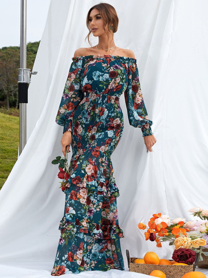 Chic Floral Off Shoulder Bishop Sleeve Ruffle Mermaid Maxi Dress