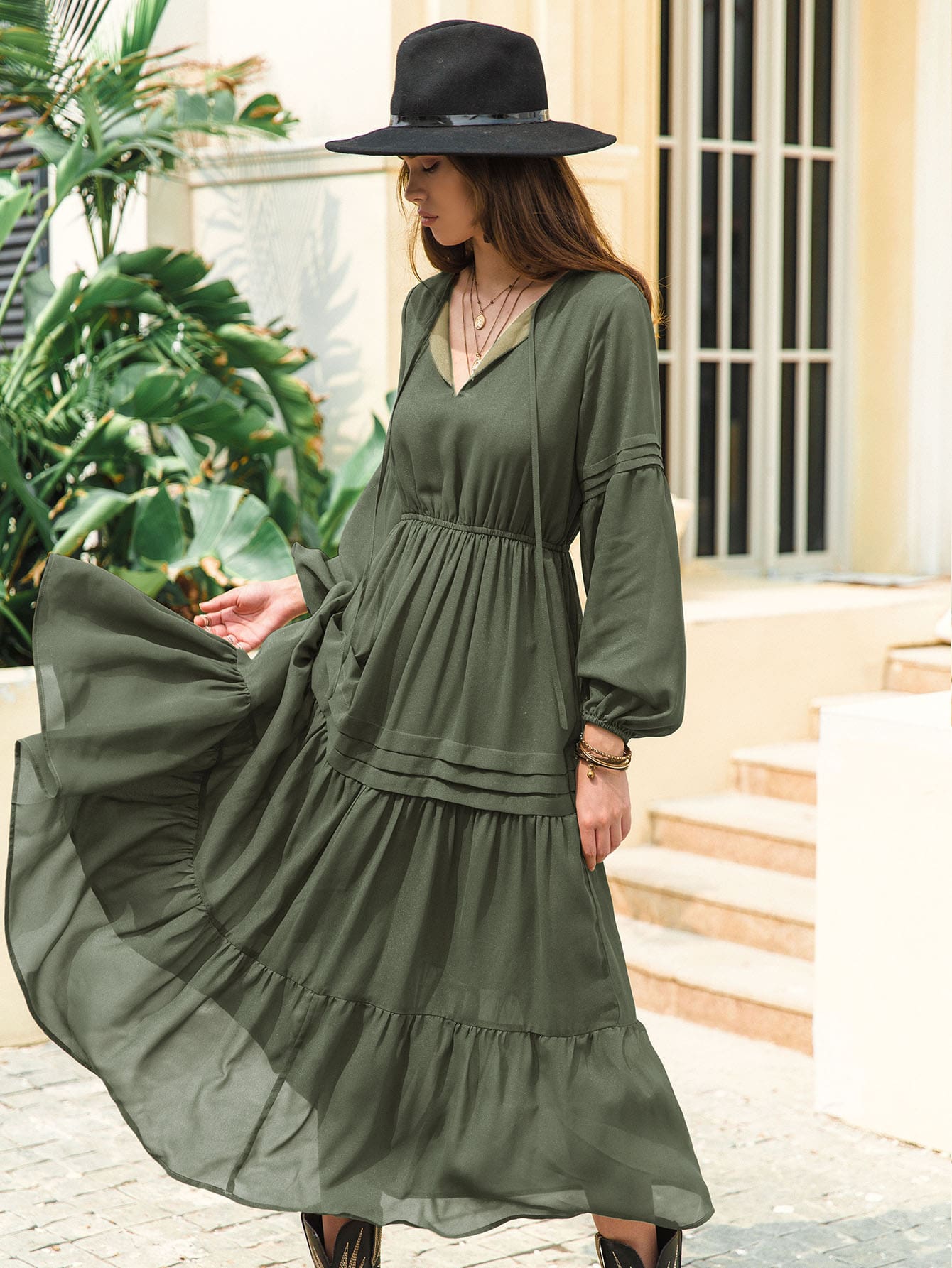 Flowy Chiffon Lantern Sleeve Dress with V-Neck and Ruffled Hemline - Feminine High-Waist Fit