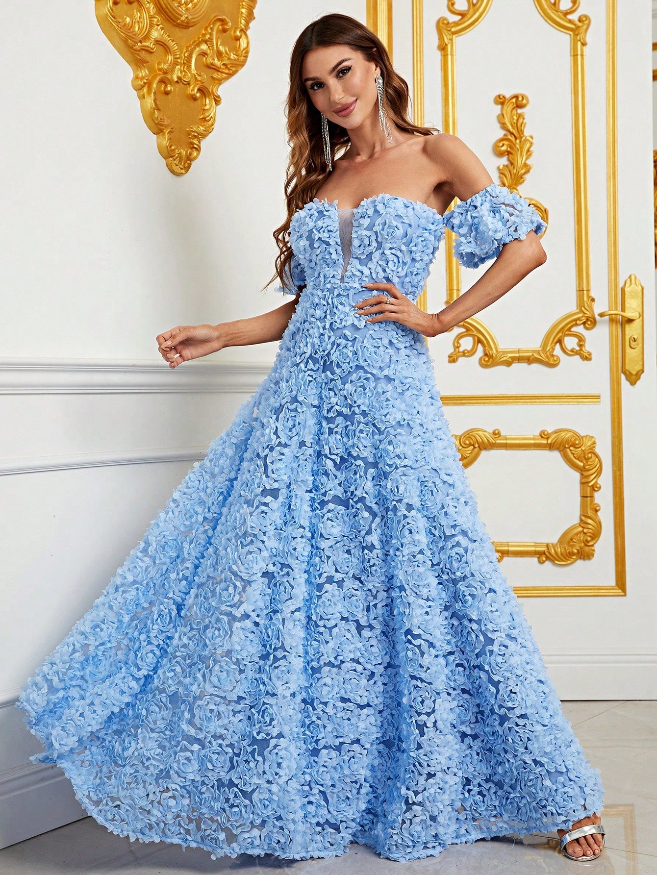 Enchanting Off Shoulder Floral Appliques Formal Dress-Free Shipping