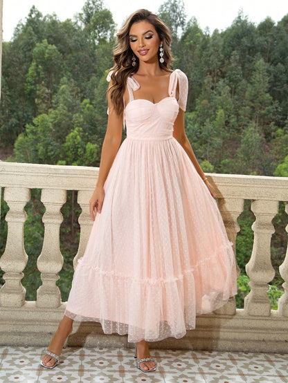 Women’s Elegant Ruffle Hem Mesh Dress with Ribbon Accent- Free Shipping