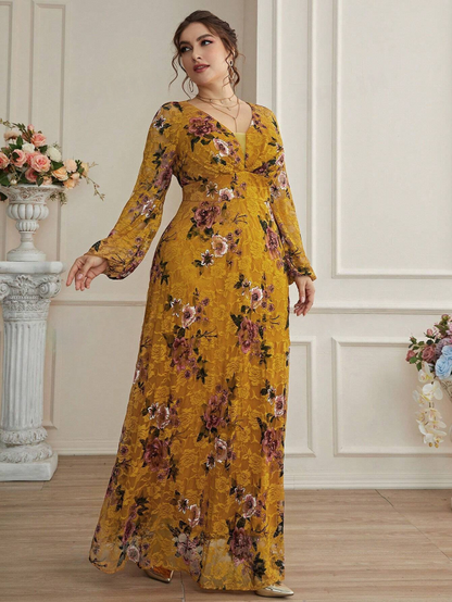 V-Neck Plus Size Lace Maxi Dress - Flowy A-Line-Free Shipping