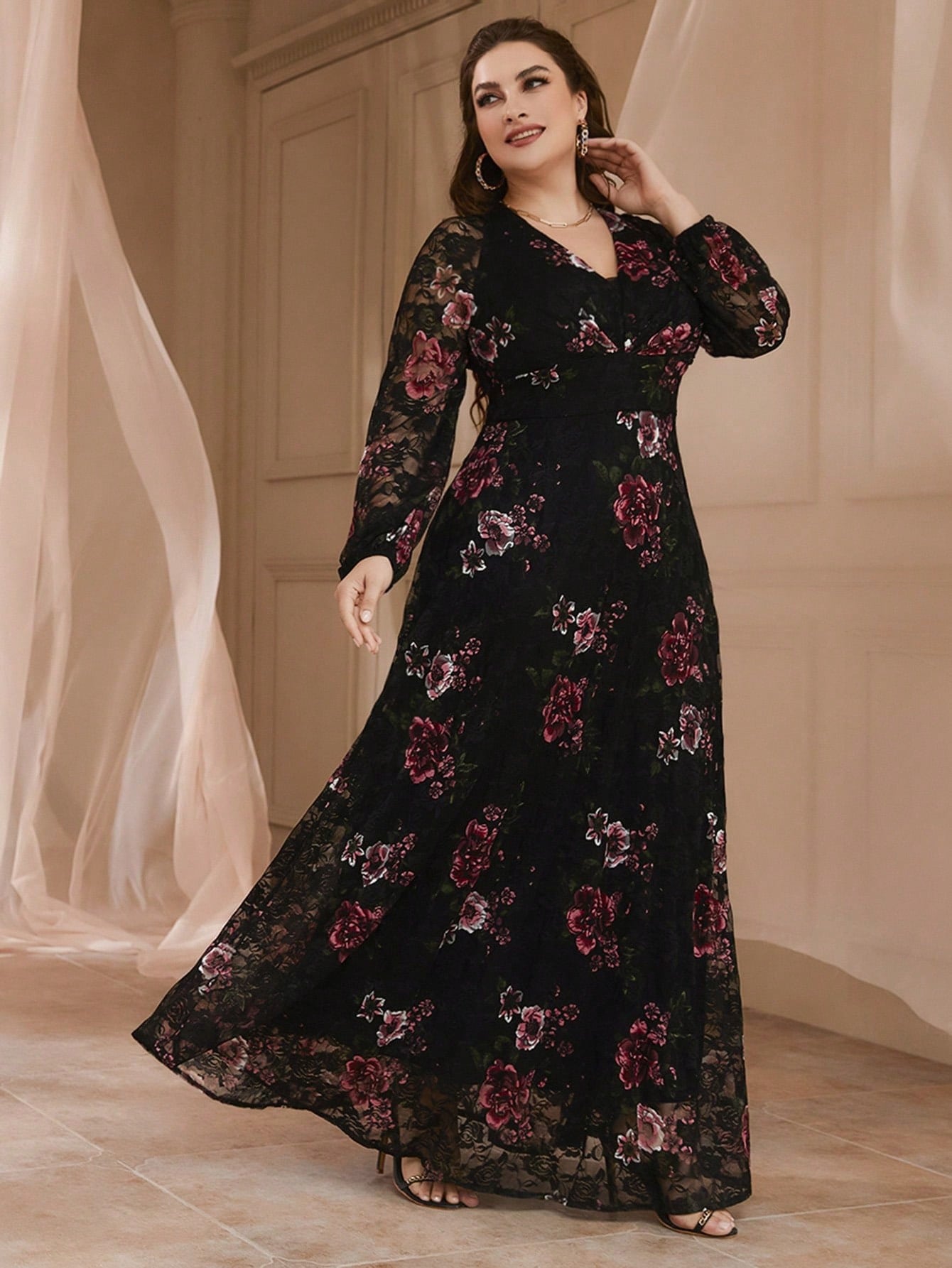 V-Neck Plus Size Lace Maxi Dress - Flowy A-Line-Free Shipping