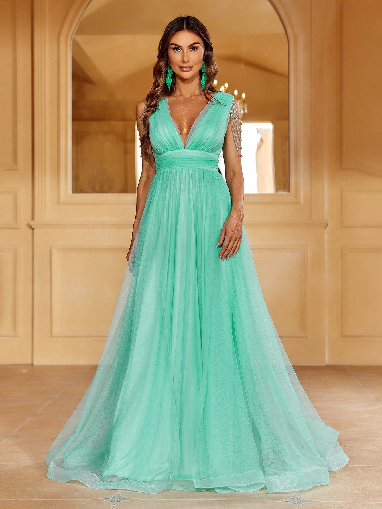 Stunning Plunging V-Neckline Flowing Tulle Skirt Maxi Full-Length Gown-Free shipping