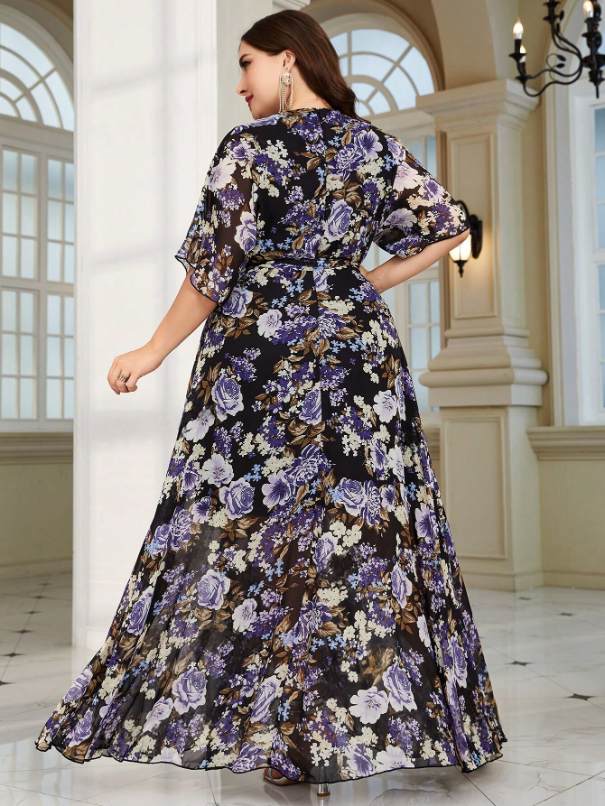 Elegant Chiffon Plus Size Maxi Dress: V-Neck Floral Design with Batwing Sleeves-Free Shipping