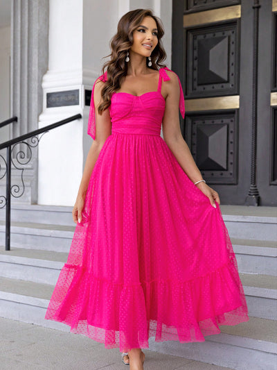 Women’s Elegant Ruffle Hem Mesh Dress with Ribbon Accent- Free Shipping