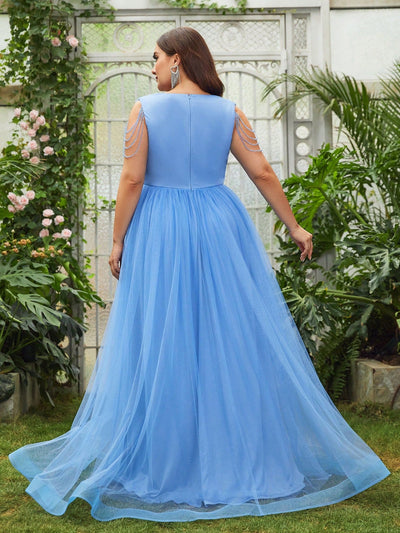 Elegant Plus Size Flowy Plunging Neckline Tulle Full Length Maxi Dress-Free Shipping