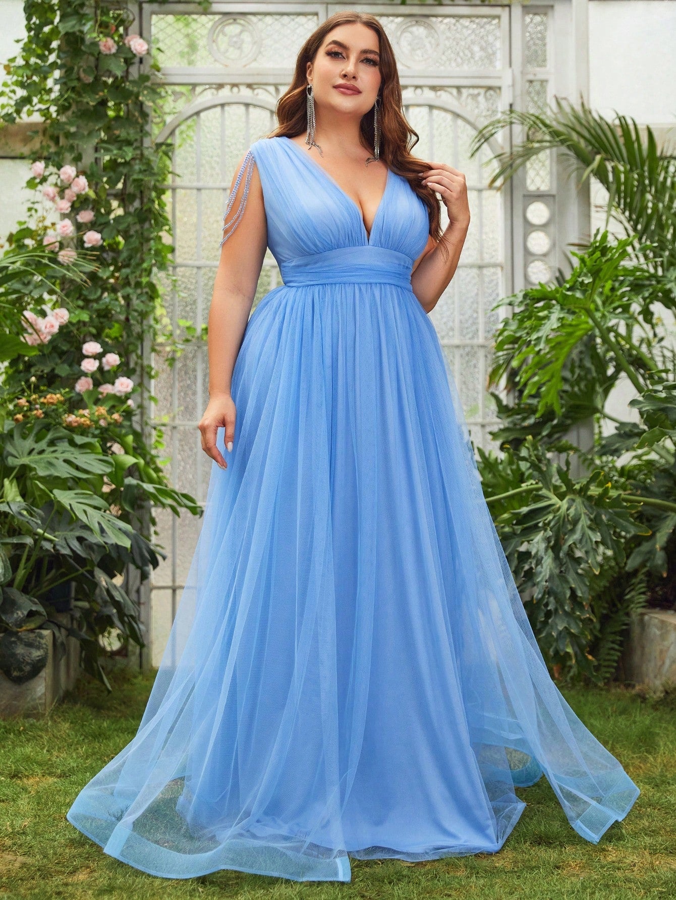 Elegant Plus Size Flowy Plunging Neckline Tulle Full Length Maxi Dress-Free Shipping