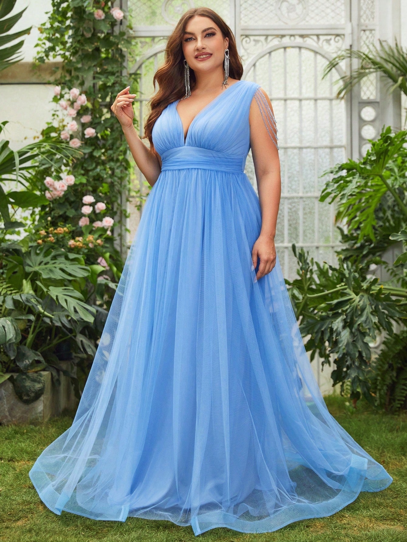 Elegant Plus Size Flowy Plunging Neckline Tulle Full Length Maxi Dress-Free Shipping