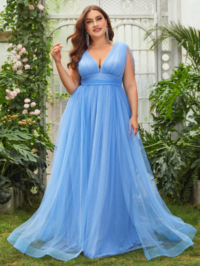 Elegant Plus Size Flowy Plunging Neckline Tulle Full Length Maxi Dress-Free Shipping