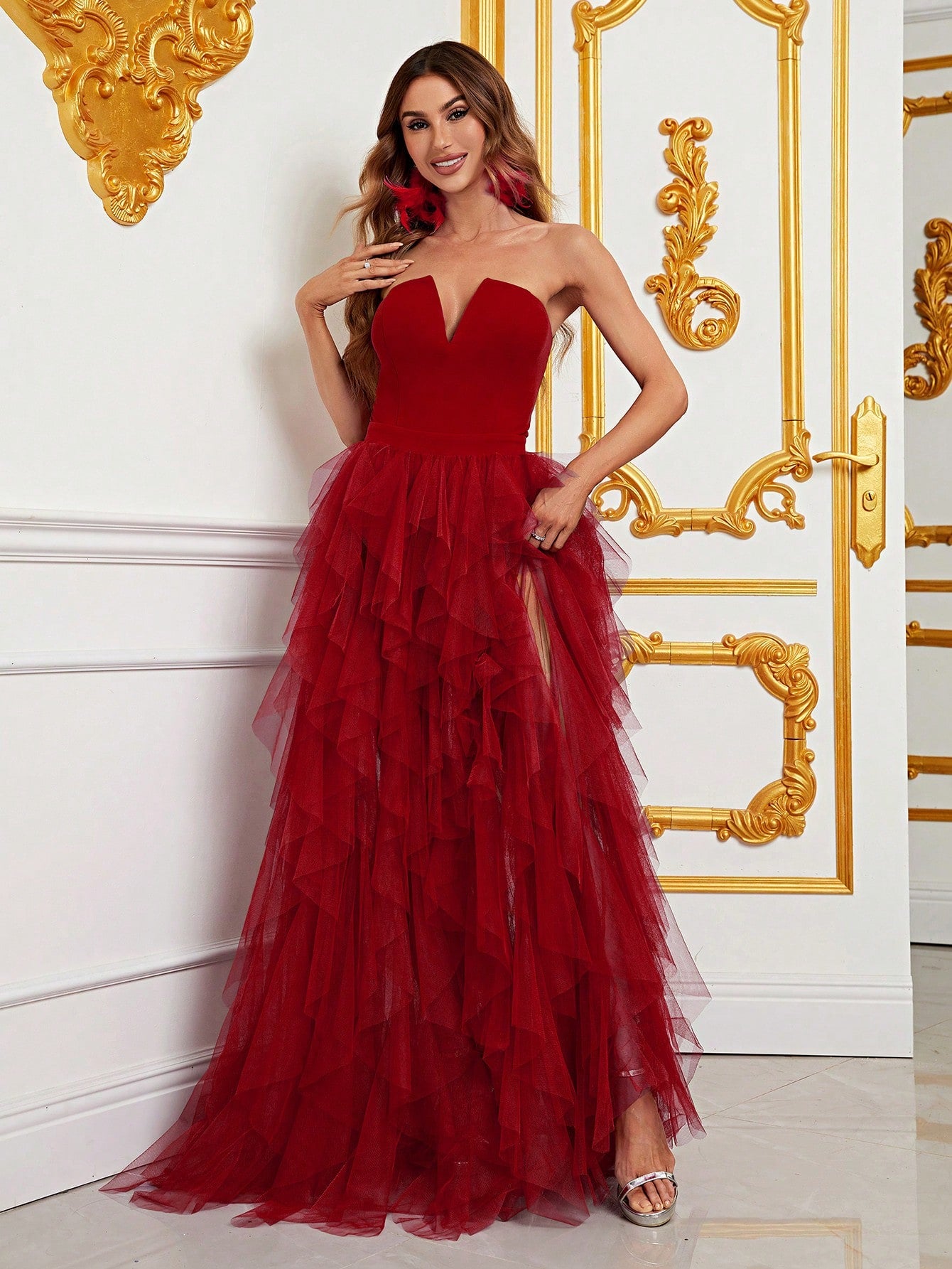 Regal Strapless Evening Gown with Flowing Mesh Overlay