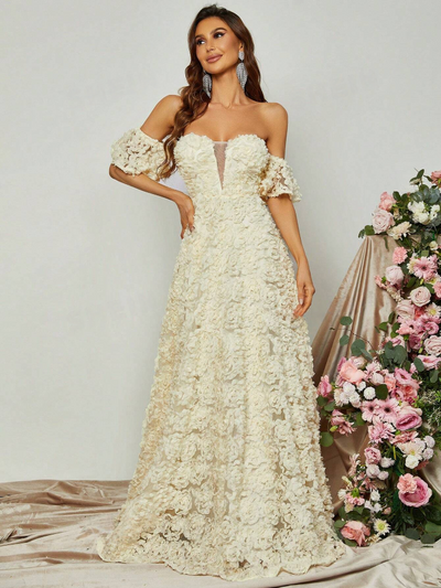 Enchanting Off Shoulder Floral Appliques Formal Dress-Free Shipping