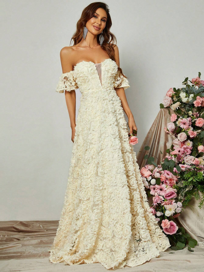 Enchanting Off Shoulder Floral Appliques Formal Dress-Free Shipping