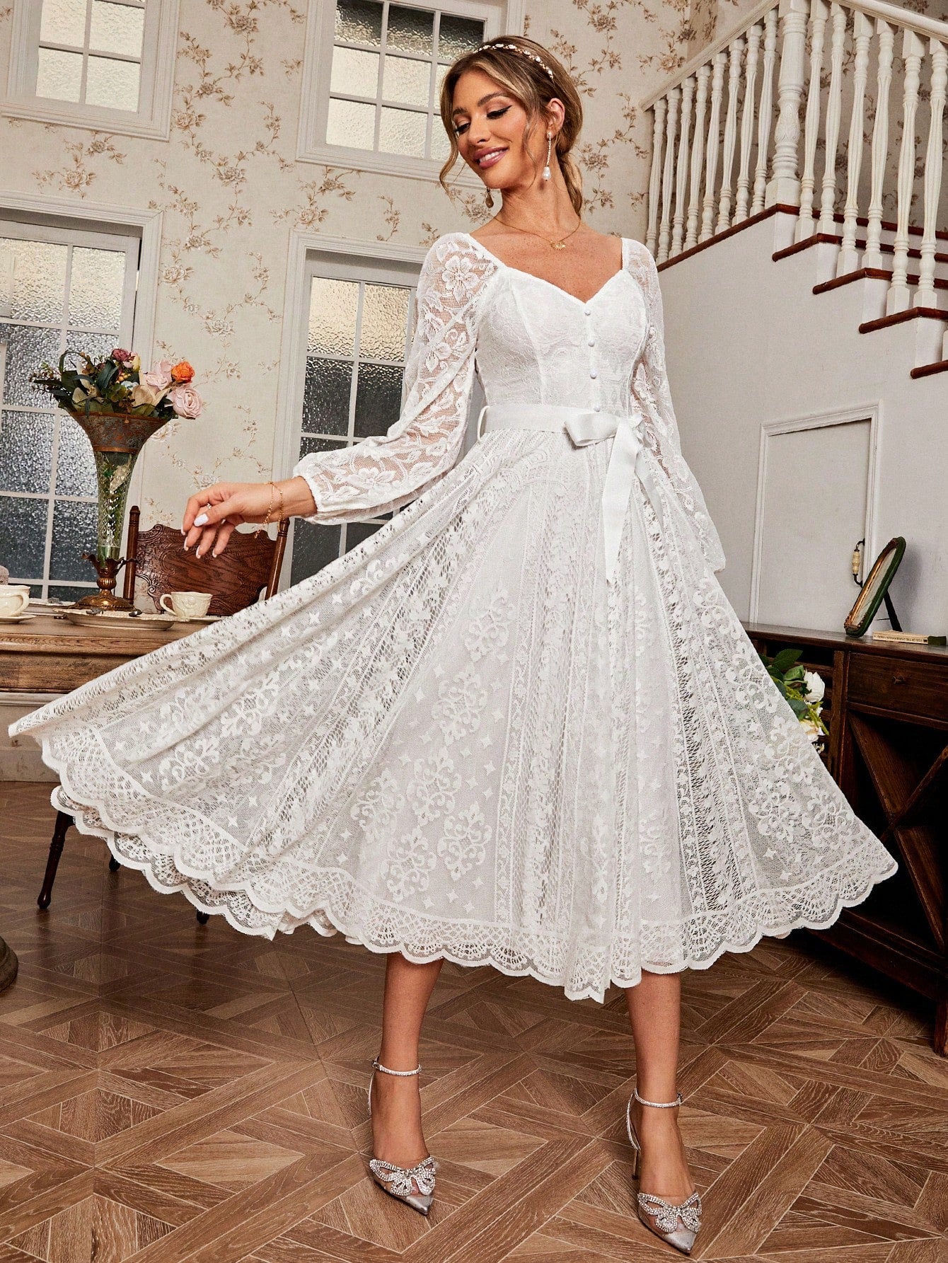 Elegant Sweetheart Neck Lace Lantern Sleeve Belted Waist Fit & Flare Dress