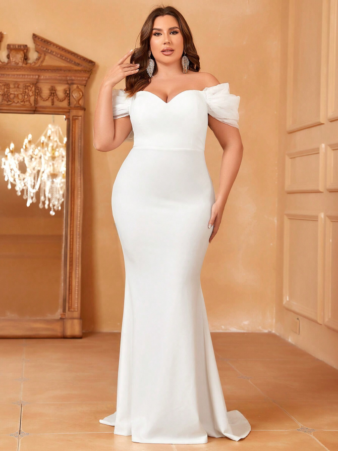 Elegant Plus Size Off Shoulder Tulle Mesh Mermaid Maxi Wedding Gown - Free Shipping