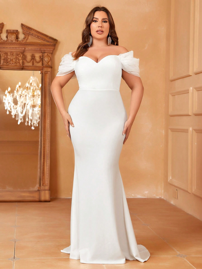 Elegant Plus Size Off Shoulder Tulle Mesh Mermaid Maxi Wedding Gown - Free Shipping