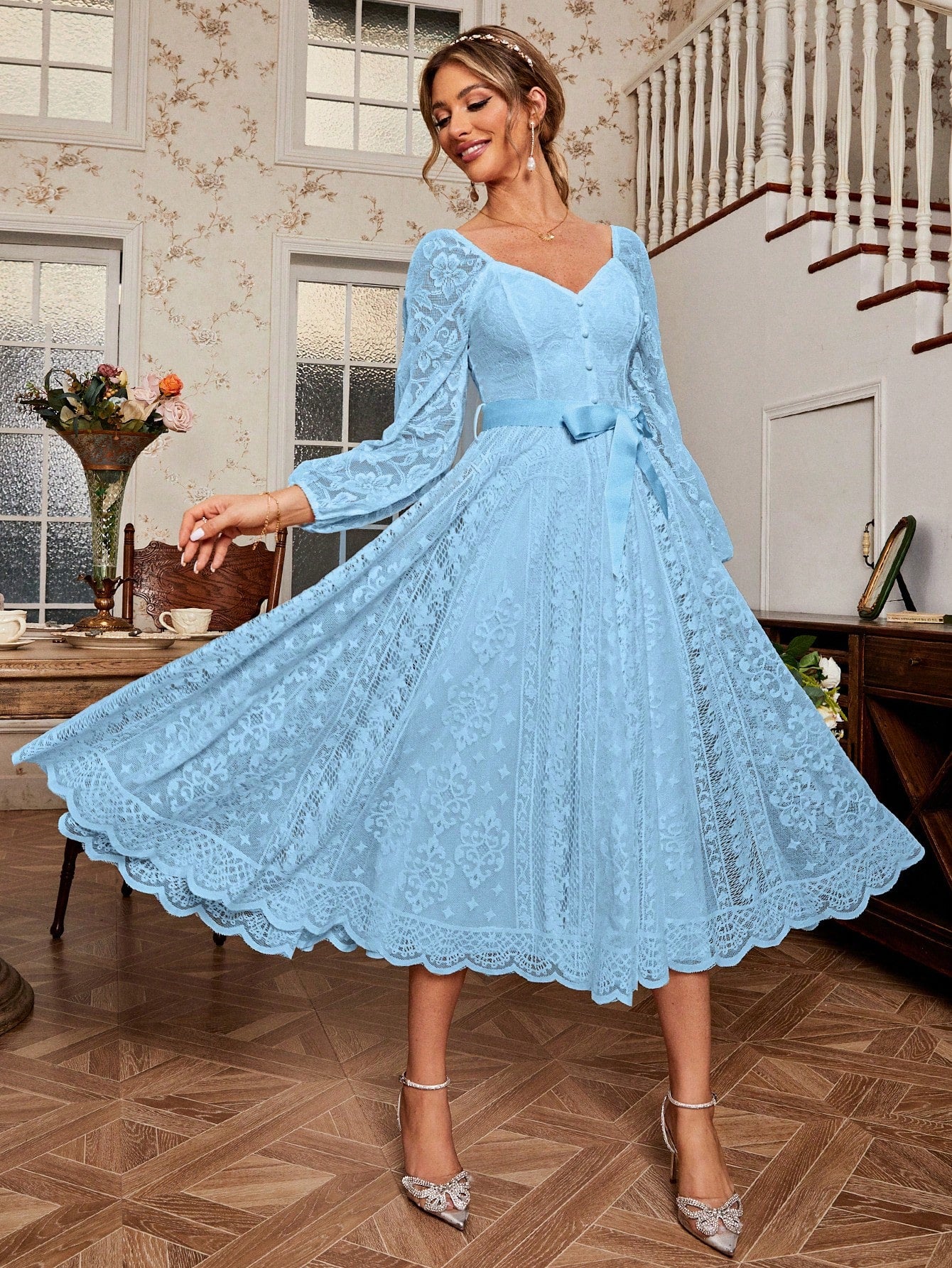 Elegant Sweetheart Neck Lace Lantern Sleeve Belted Waist Fit & Flare Dress